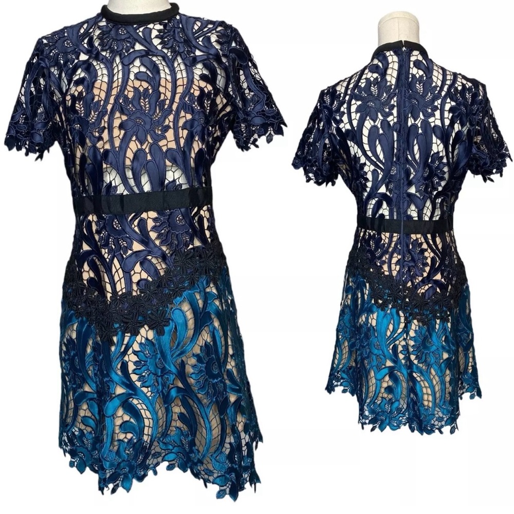 Self-Portrait Prairie Two-Tone Guipure Lace Mini Dress Minidress, size 8